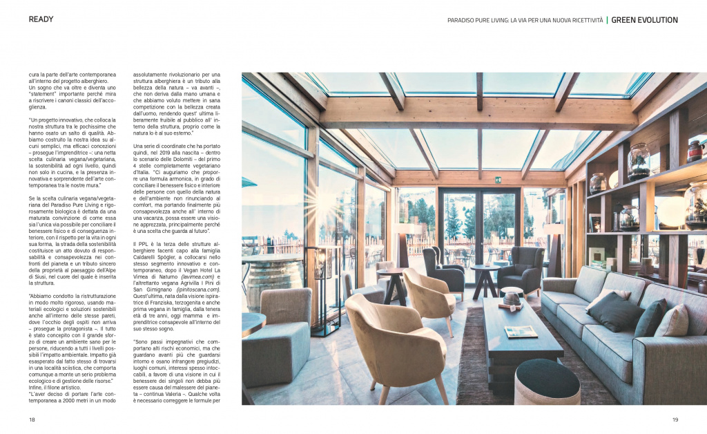 Article about Paradiso Pure.Living Vegetarian-Vegan Hotel in the Dolomites by READY Magazine.